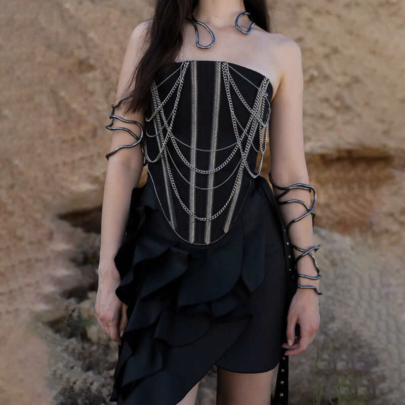 Black Chains Embellishments Denim Corset