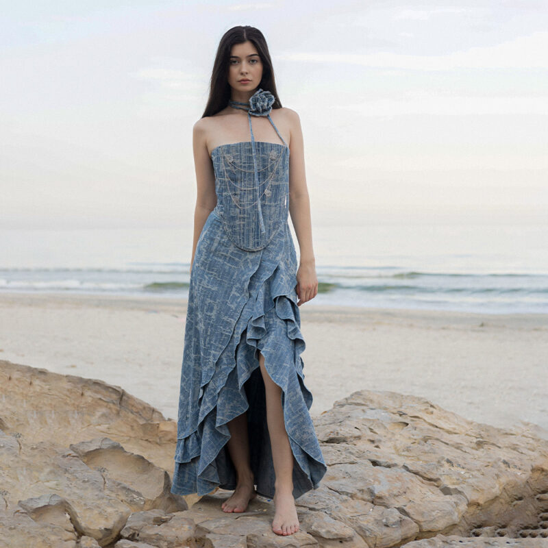 Long Ruffled Denim Skirt